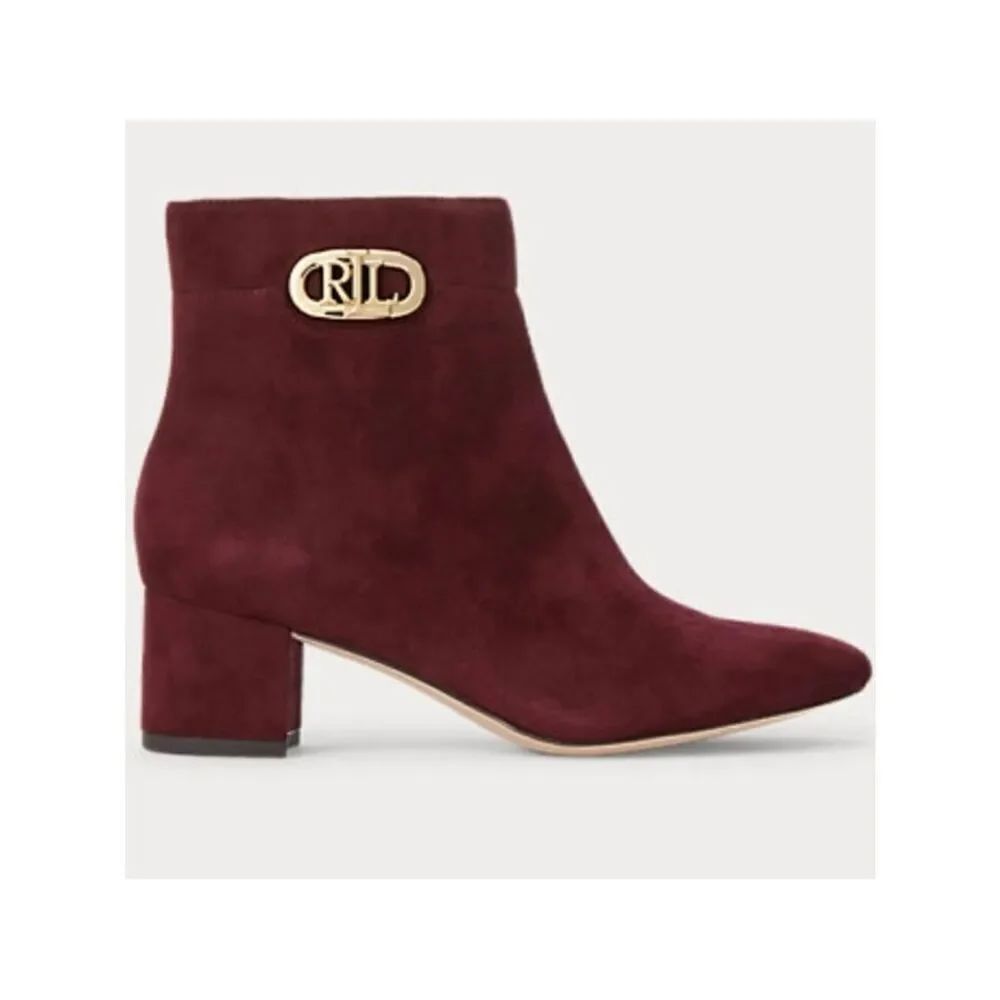 New in Box Ralph Lauren 9.5 Burgundy Wine Suede Block Heel Ankle Booties Boots